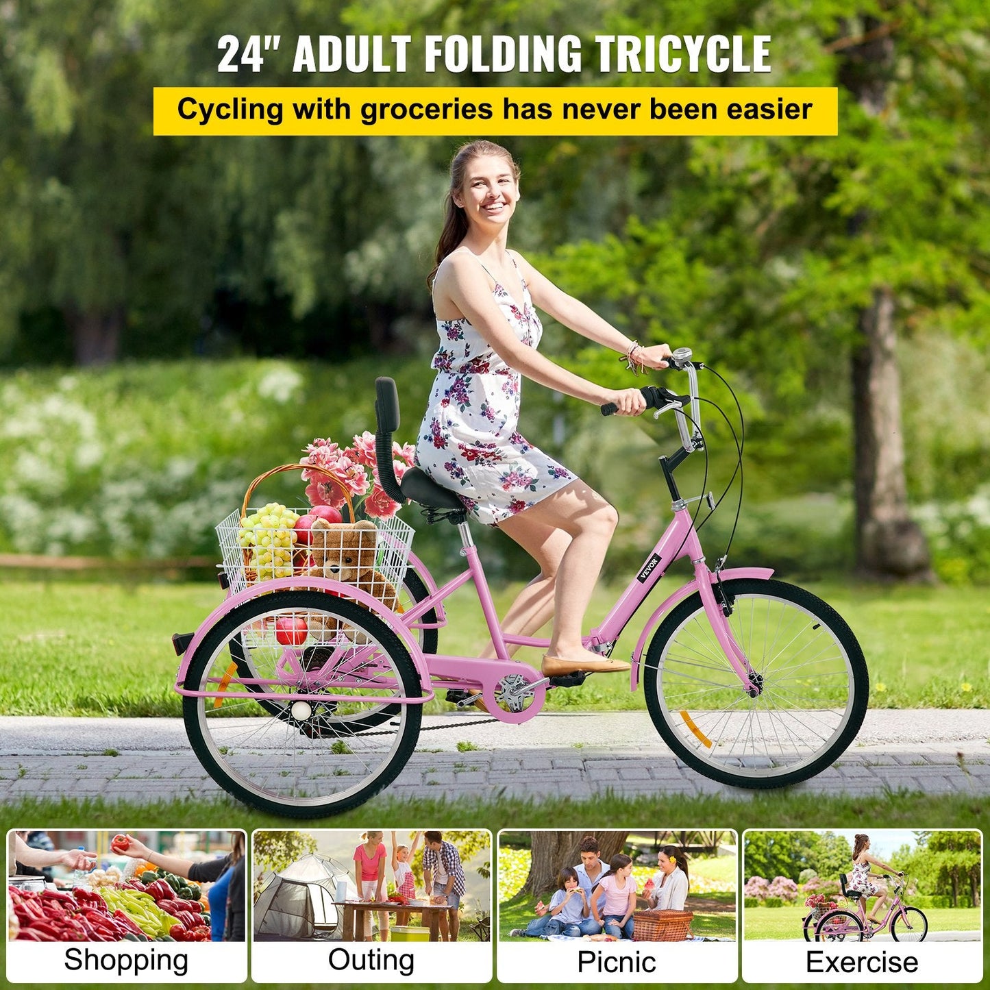 Foldable Adult Tricycle, 61 cm Wheels, 7-Speed, Pink, with Large Basket