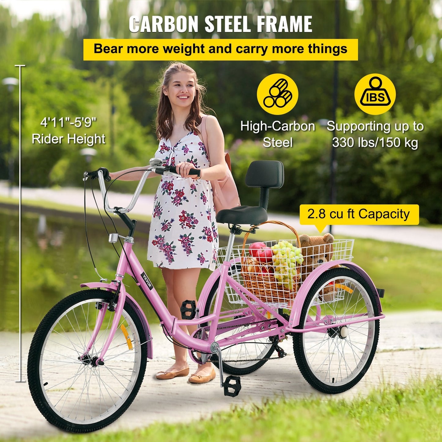 Foldable Adult Tricycle, 61 cm Wheels, 7-Speed, Pink, with Large Basket