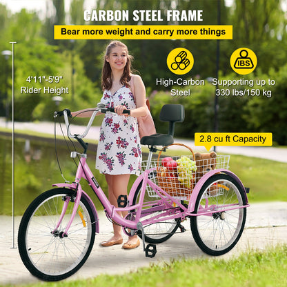 Foldable Tricycle 24'' Wheels Tricycle 7-Speed 3 Wheel Bikes
