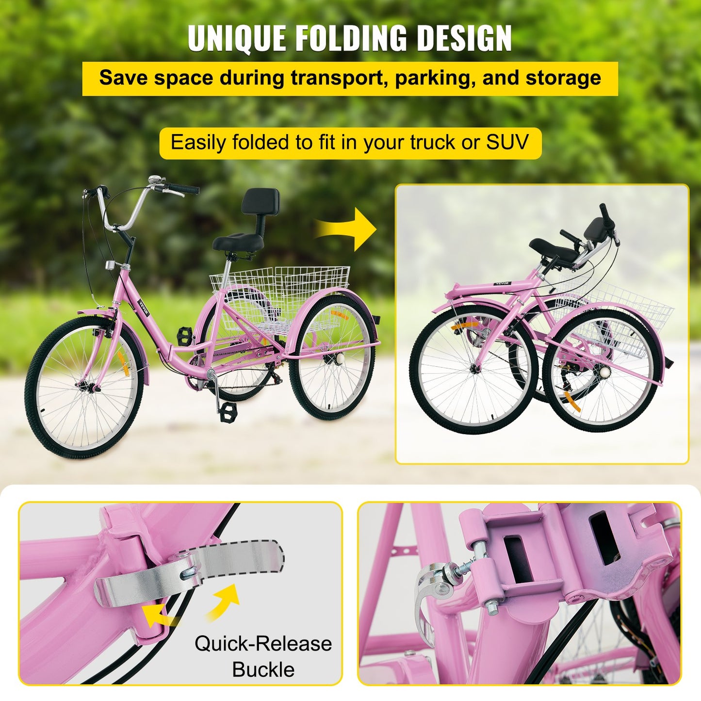 Foldable Tricycle 24'' Wheels Tricycle 7-Speed 3 Wheel Bikes