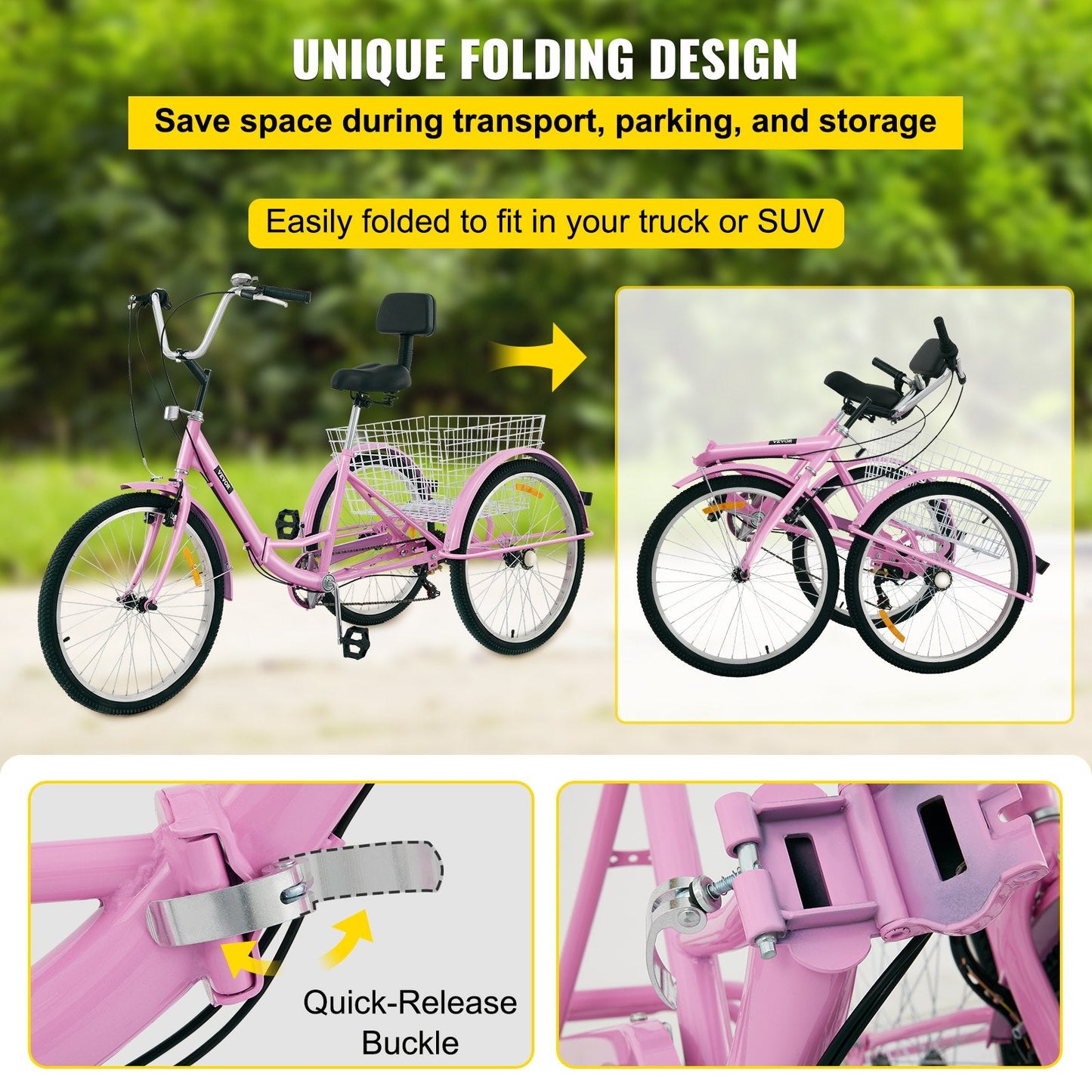 Foldable Adult Tricycle, 61 cm Wheels, 7-Speed, Pink, with Large Basket