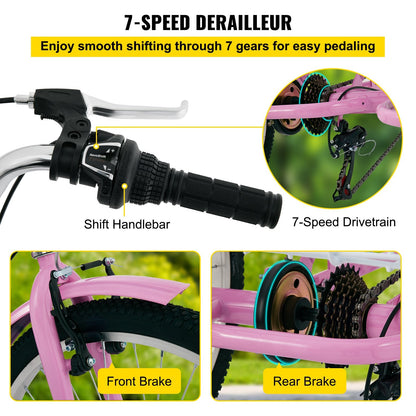 Foldable Adult Tricycle, 61 cm Wheels, 7-Speed, Pink, with Large Basket
