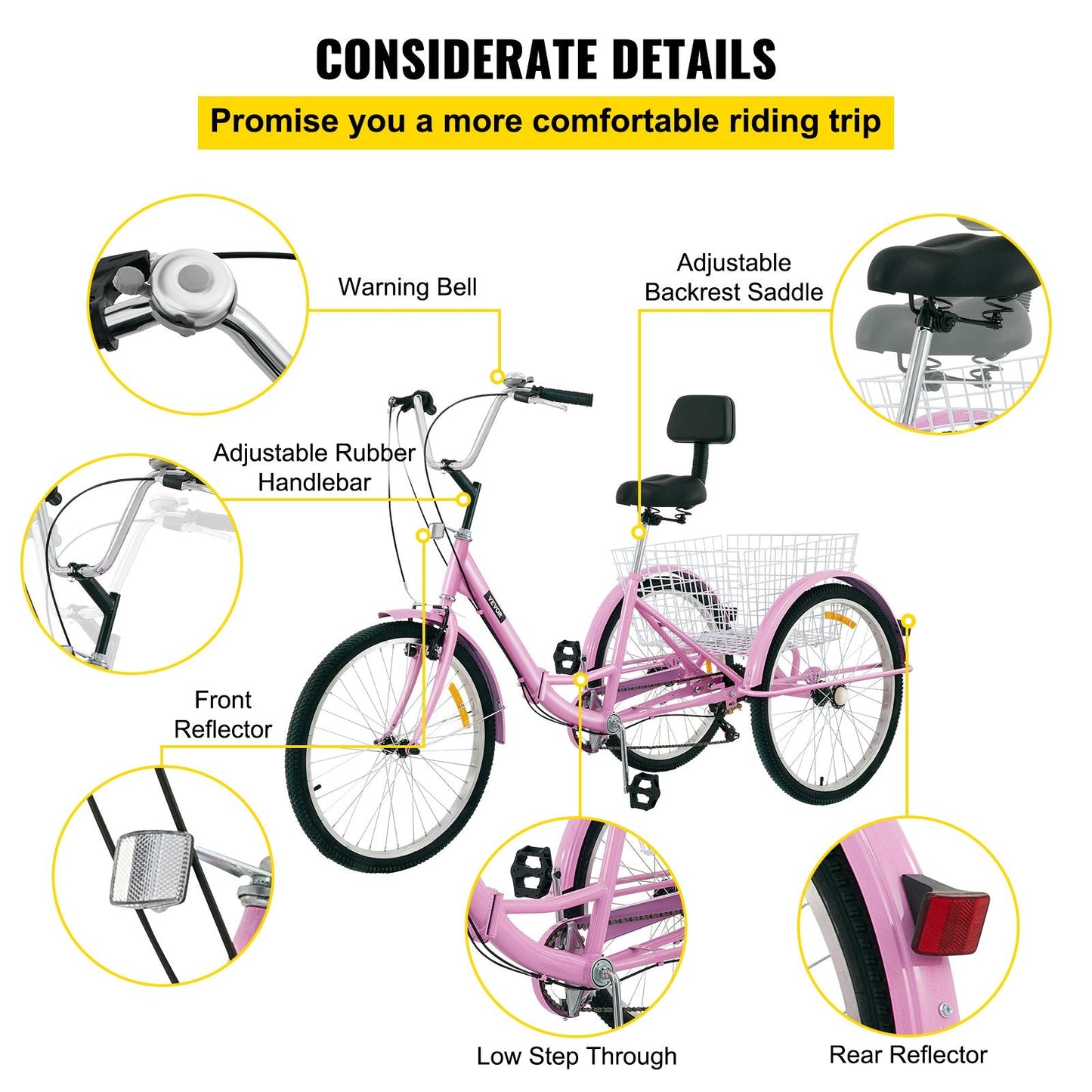 Foldable Adult Tricycle, 61 cm Wheels, 7-Speed, Pink, with Large Basket