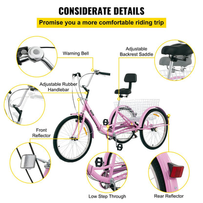 Foldable Adult Tricycle, 61 cm Wheels, 7-Speed, Pink, with Large Basket