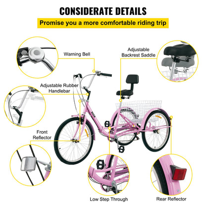 Foldable Tricycle 24'' Wheels Tricycle 7-Speed 3 Wheel Bikes