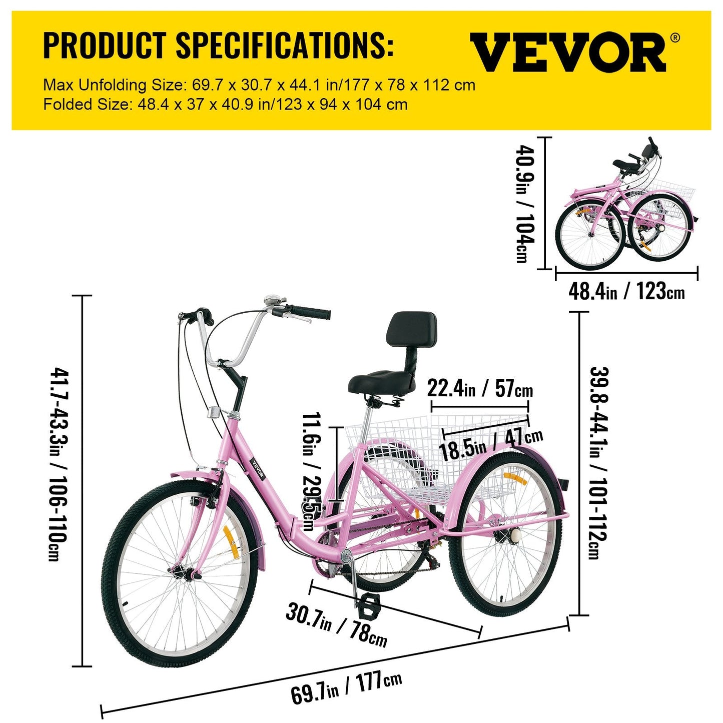 Foldable Adult Tricycle, 61 cm Wheels, 7-Speed, Pink, with Large Basket