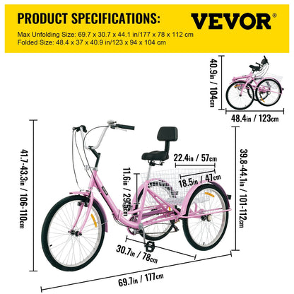 Foldable Adult Tricycle, 61 cm Wheels, 7-Speed, Pink, with Large Basket