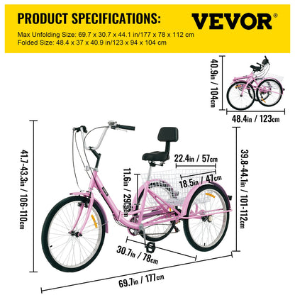 Foldable Tricycle 24'' Wheels Tricycle 7-Speed 3 Wheel Bikes