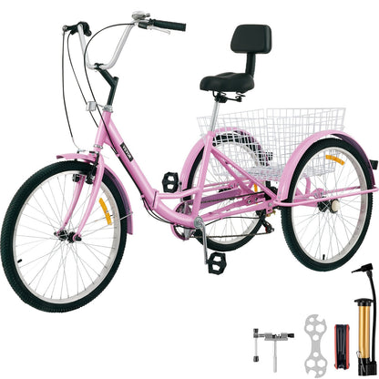 Foldable Adult Tricycle, 61 cm Wheels, 7-Speed, Pink, with Large Basket