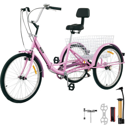 Foldable Tricycle 24'' Wheels Tricycle 7-Speed 3 Wheel Bikes