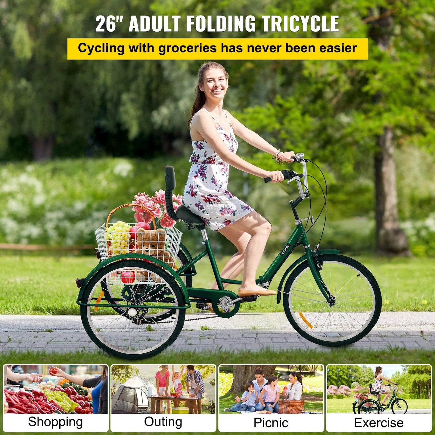 Foldable 3-Wheel Adult Tricycle with 7-Speed, 66 cm Wheels, and Large Basket