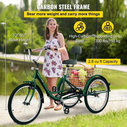 Foldable Tricycle Adult 26'' Wheels Adult Tricycle 7-Speed 3 Wheel Bikes For Adults