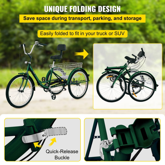 Foldable 3-Wheel Adult Tricycle with 7-Speed, 66 cm Wheels, and Large Basket