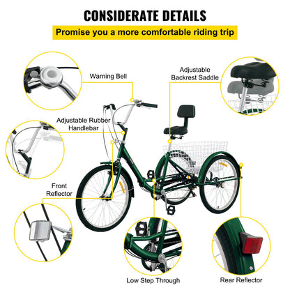 Foldable Tricycle Adult 26'' Wheels Adult Tricycle 7-Speed 3 Wheel Bikes For Adults