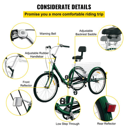 Foldable 3-Wheel Adult Tricycle with 7-Speed, 66 cm Wheels, and Large Basket