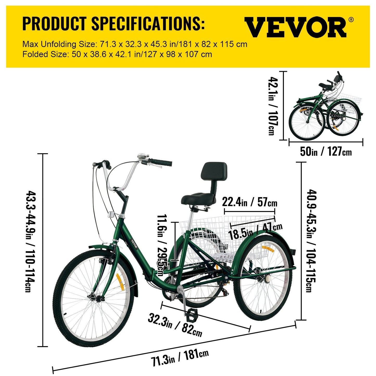 Foldable 3-Wheel Adult Tricycle with 7-Speed, 66 cm Wheels, and Large Basket