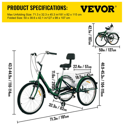 Foldable Tricycle Adult 26'' Wheels Adult Tricycle 7-Speed 3 Wheel Bikes For Adults