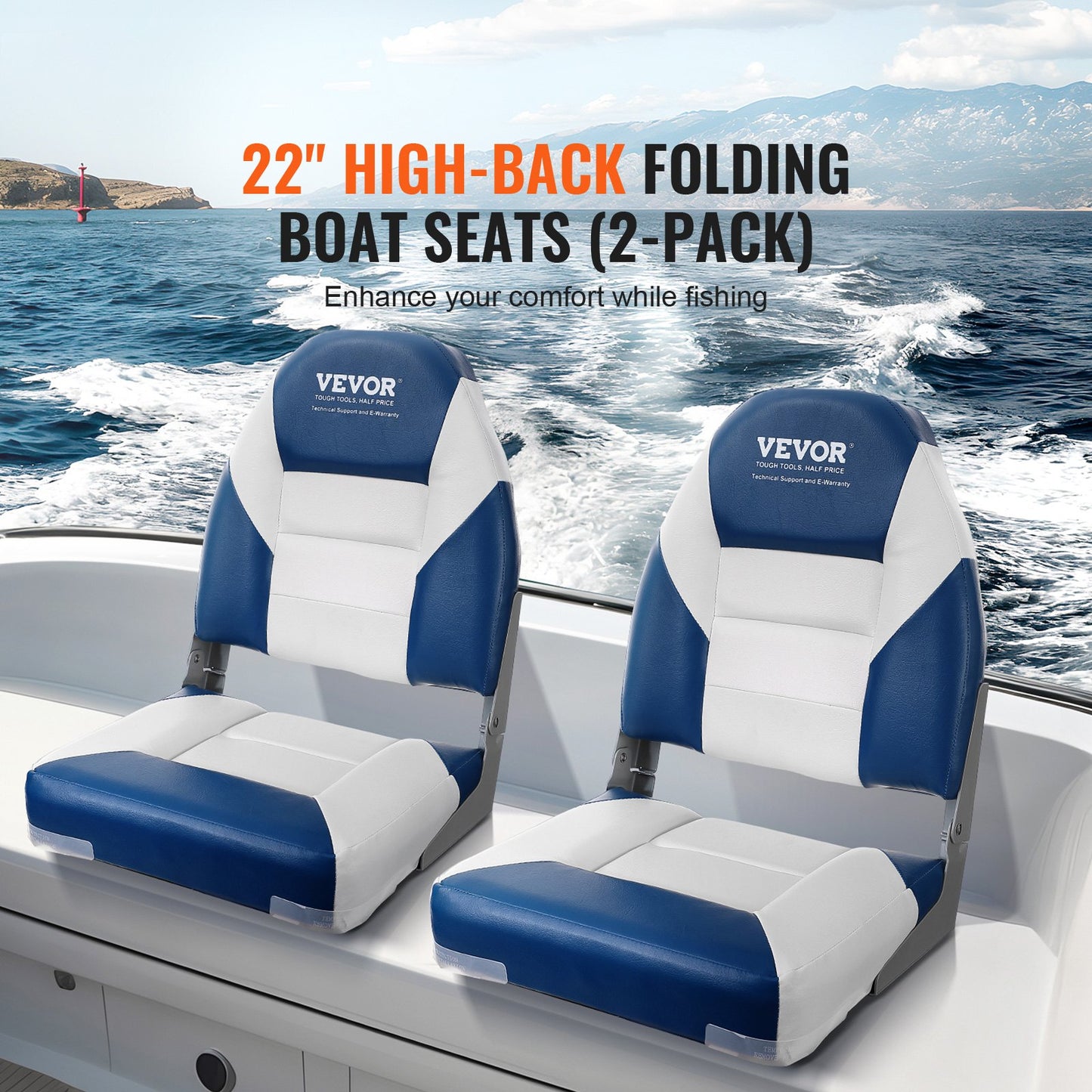 VEVOR Boat Seats, 555 mm High Back Boat Seat, Folding Boat Chair with Thickened