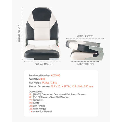 VEVOR Boat Seat High Backrest Flip Up Boat Seat Sponge Cushion Black & Grey