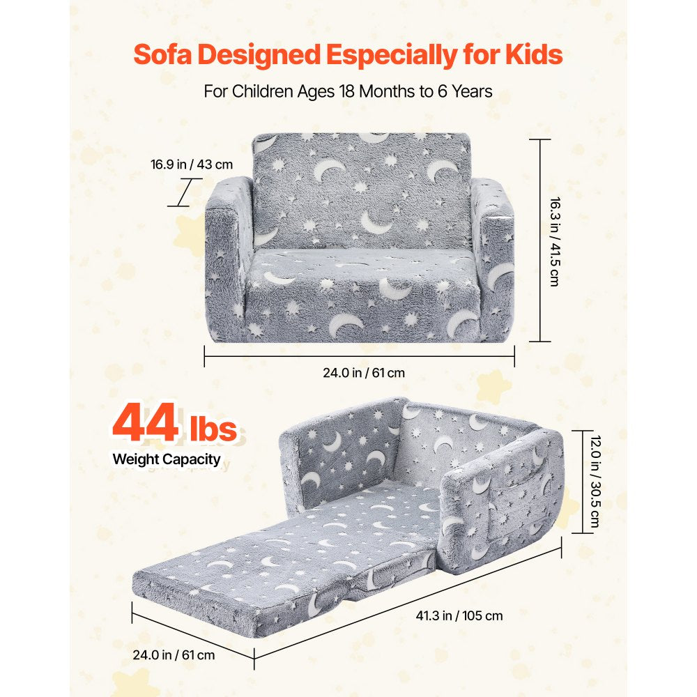 2-in-1 Kids Sofa, Foldable Toddler Soft Couch with Armrests, Glow in the Dark Kids Couch Fold Out with 28D Sponge & Flan