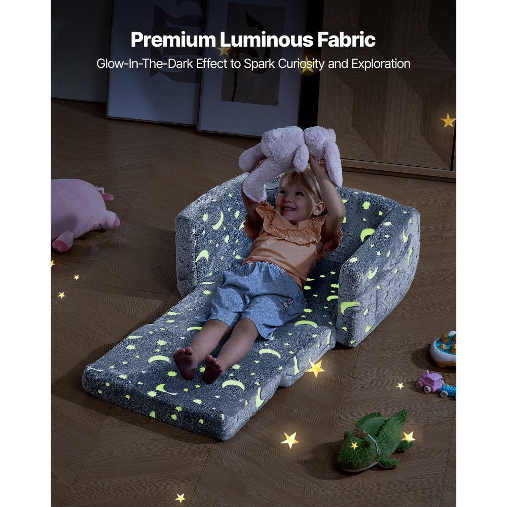 2-in-1 Kids Sofa, Foldable Toddler Soft Couch with Armrests, Glow in the Dark Kids Couch Fold Out with 28D Sponge & Flan