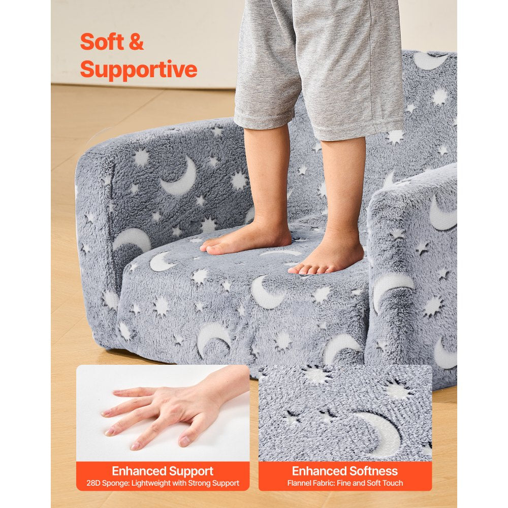 2-in-1 Kids Sofa, Foldable Toddler Soft Couch with Armrests, Glow in the Dark Kids Couch Fold Out with 28D Sponge & Flan