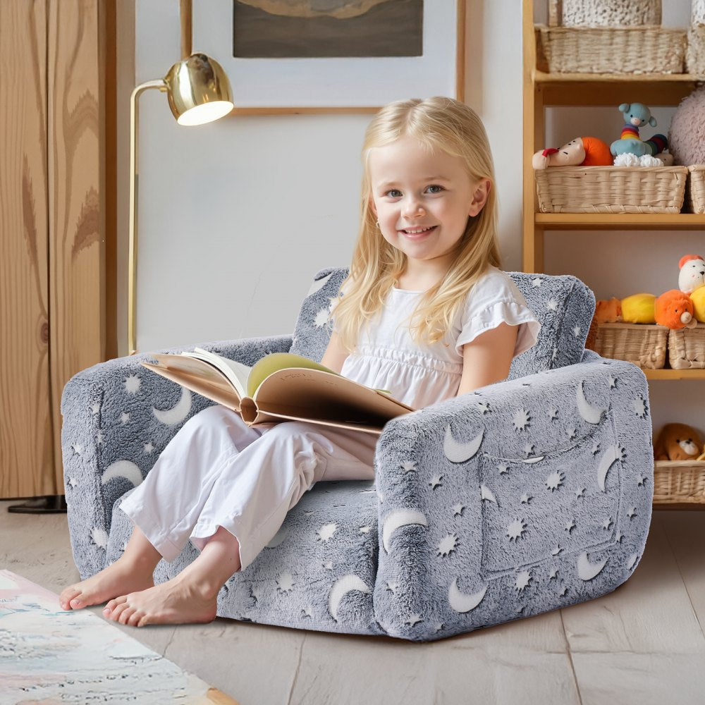 2-in-1 Kids Sofa, Foldable Toddler Soft Couch with Armrests, Glow in the Dark Kids Couch Fold Out with 28D Sponge & Flan