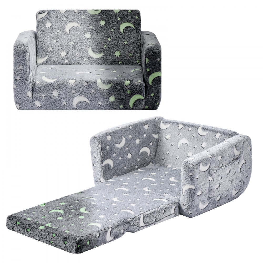 2-in-1 Kids Sofa, Foldable Toddler Soft Couch with Armrests, Glow in the Dark Kids Couch Fold Out with 28D Sponge & Flan