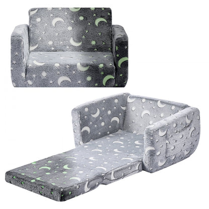 2-in-1 Kids Sofa, Foldable Toddler Soft Couch with Armrests, Glow in the Dark Kids Couch Fold Out with 28D Sponge & Flan