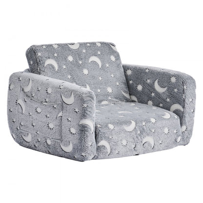 2-in-1 Kids Sofa, Foldable Toddler Soft Couch with Armrests, Glow in the Dark Kids Couch Fold Out with 28D Sponge & Flan
