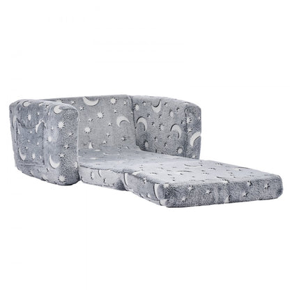 2-in-1 Kids Sofa, Foldable Toddler Soft Couch with Armrests, Glow in the Dark Kids Couch Fold Out with 28D Sponge & Flan
