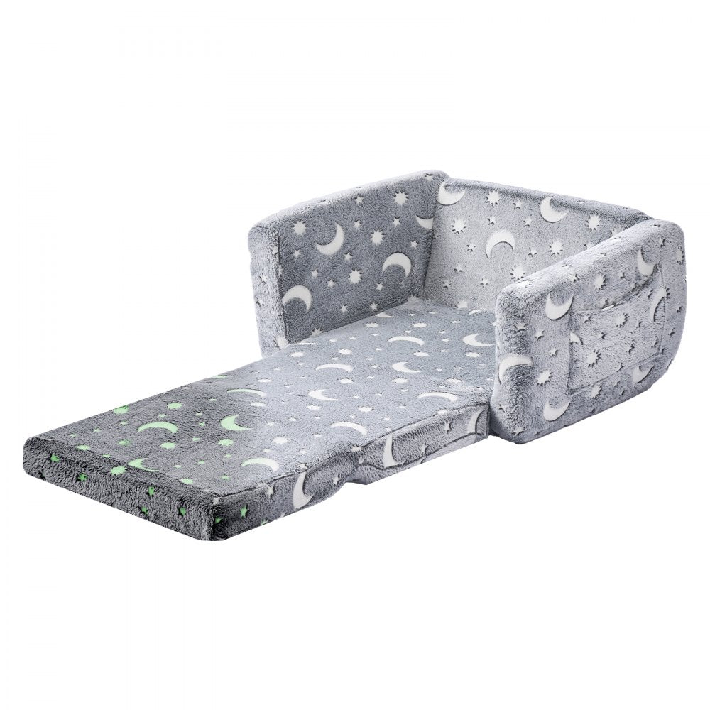 2-in-1 Kids Sofa, Foldable Toddler Soft Couch with Armrests, Glow in the Dark Kids Couch Fold Out with 28D Sponge & Flan