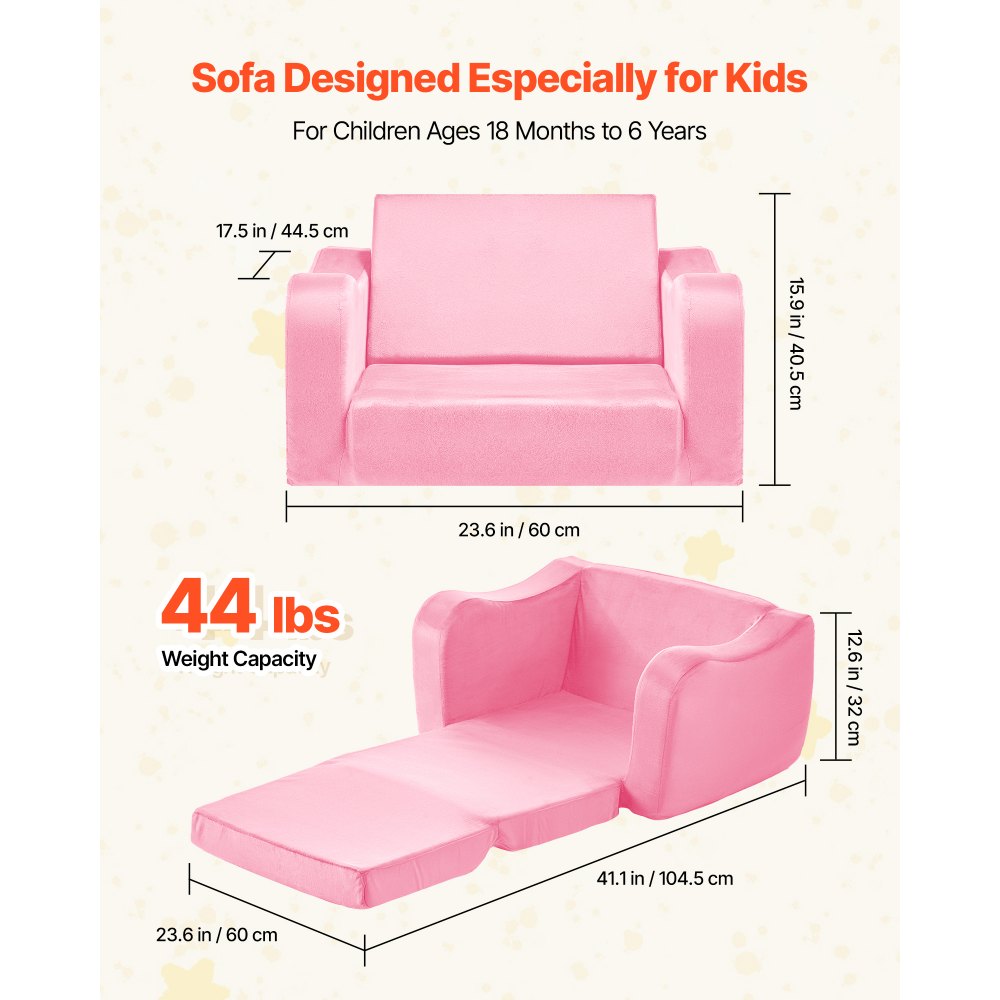 2-in-1 Kids Sofa, Foldable Toddler Soft Couch with Armrests, Made of 28D Sponge & Short Pile, Convertible Toddler Chair 