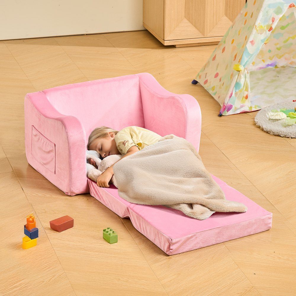 2-in-1 Kids Sofa, Foldable Toddler Soft Couch with Armrests, Made of 28D Sponge & Short Pile, Convertible Toddler Chair 