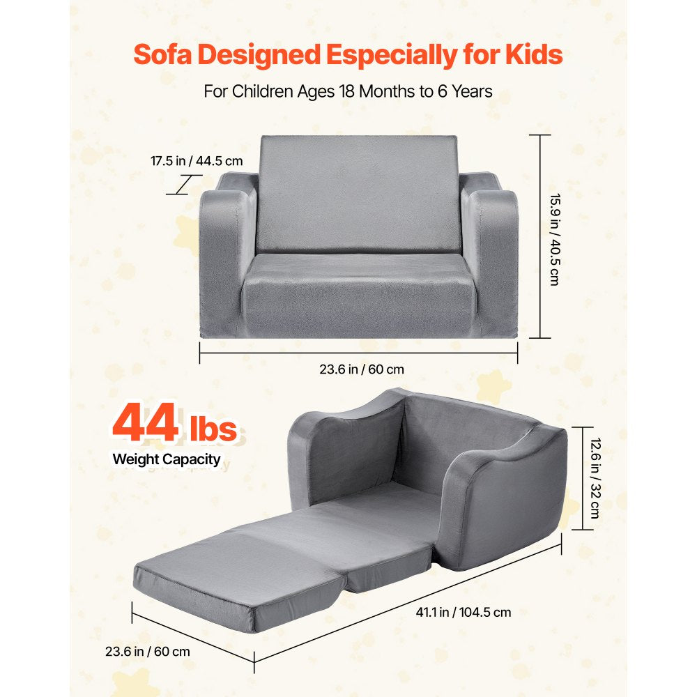 2-in-1 Kids Sofa, Foldable Toddler Soft Couch with Armrests, Made of 28D Sponge & Short Pile, Convertible Toddler Chair 