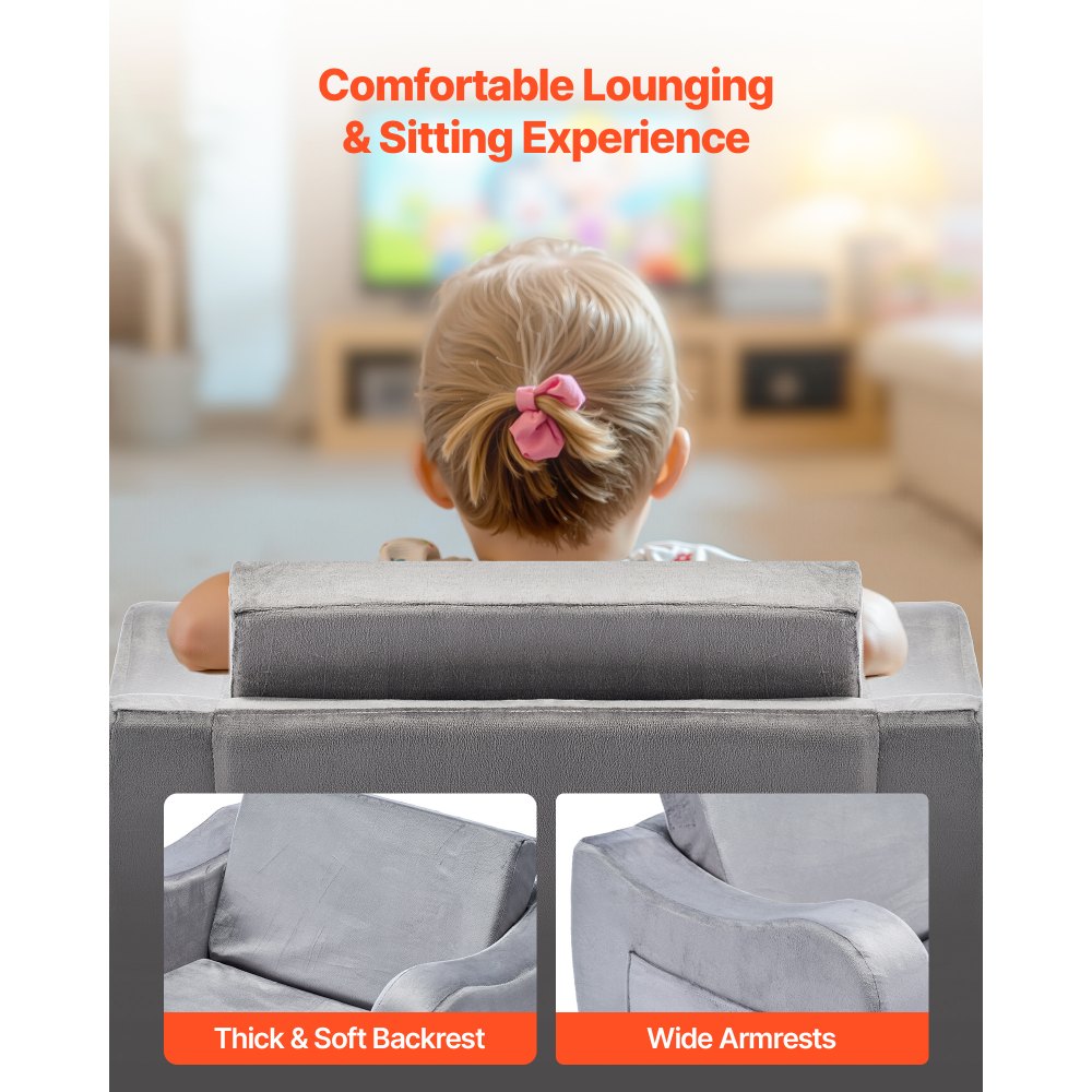 2-in-1 Kids Sofa, Foldable Toddler Soft Couch with Armrests, Made of 28D Sponge & Short Pile, Convertible Toddler Chair 
