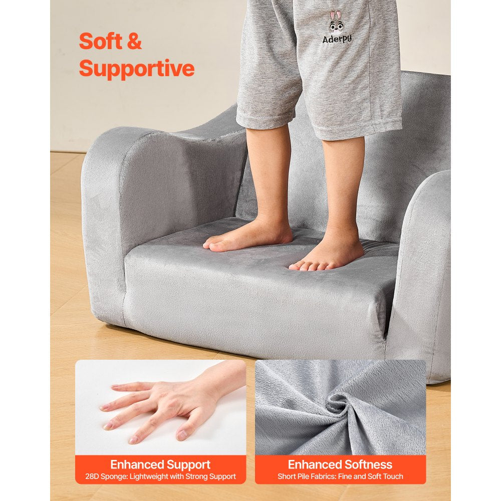 2-in-1 Kids Sofa, Foldable Toddler Soft Couch with Armrests, Made of 28D Sponge & Short Pile, Convertible Toddler Chair 
