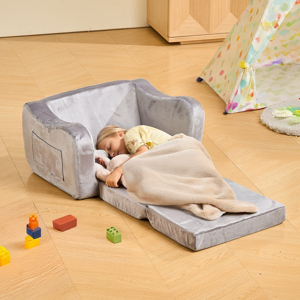 2-in-1 Kids Sofa, Foldable Toddler Soft Couch with Armrests, Made of 28D Sponge & Short Pile, Convertible Toddler Chair 