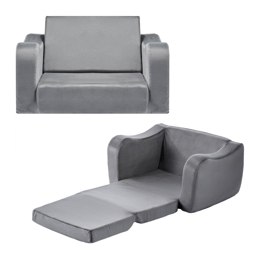 2-in-1 Kids Sofa, Foldable Toddler Soft Couch with Armrests, Made of 28D Sponge & Short Pile, Convertible Toddler Chair 