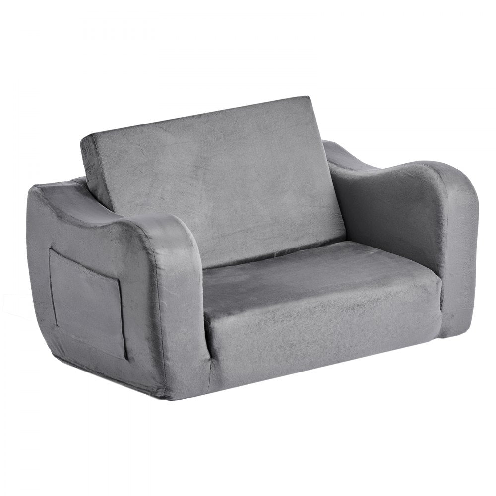 2-in-1 Kids Sofa, Foldable Toddler Soft Couch with Armrests, Made of 28D Sponge & Short Pile, Convertible Toddler Chair 