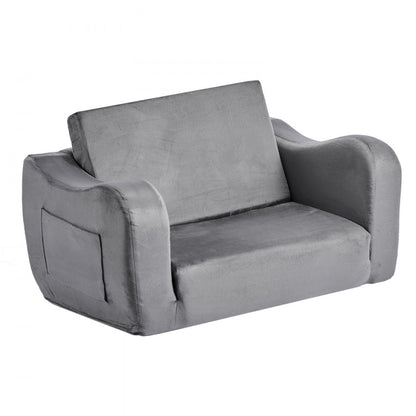 2-in-1 Kids Sofa, Foldable Toddler Soft Couch with Armrests, Made of 28D Sponge & Short Pile, Convertible Toddler Chair 