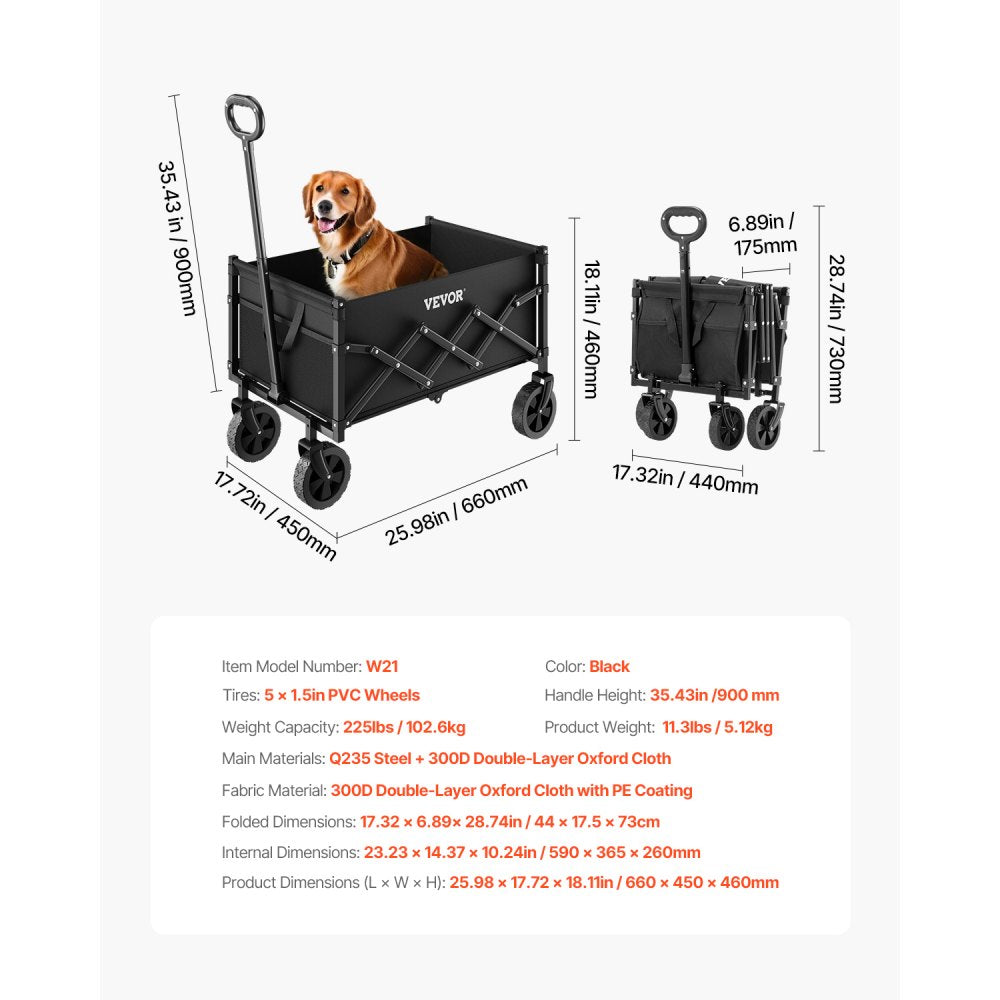 Collapsible Wagon Carts 120L & 225LBS Heavy Duty Folding Garden Cart Black