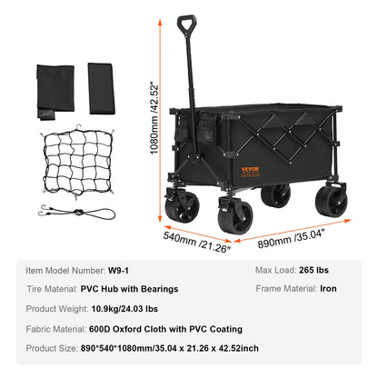 VEVOR Collapsible Folding Wagon, 150 L Beach Wagon Cart with All-Terrain Wheels,