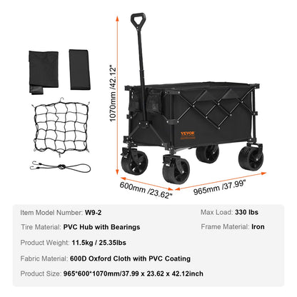 VEVOR Collapsible Folding Wagon, 220 L Beach Wagon Cart with All-Terrain Wheels,