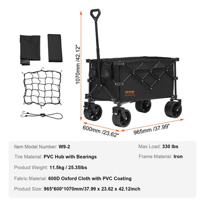 Collapsible Beach Wagon Cart with All-Terrain Wheels, 220 L Capacity, 150 kg Load