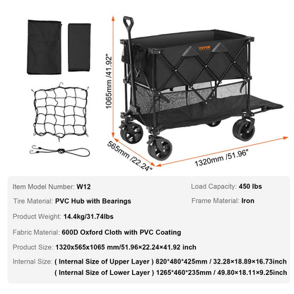 Collapsible Double Decker Wagon, 180 kg Cap, All-Terrain Wheels, 1.3m Long
