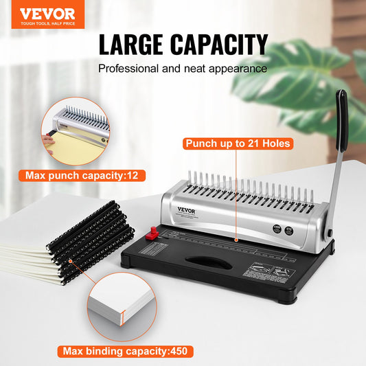 VEVOR Binding Machine, Comb Binding Machine 21-Holes Binding 450 Sheets, Book Binder