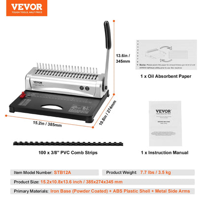 Heavy-Duty Comb Binding Machine, 21-Hole, Binds 450 Sheets, Includes 100 Spines