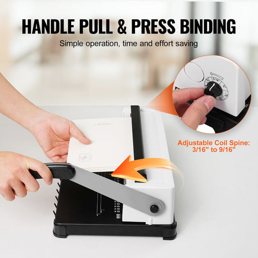 Manual Coil Spiral Binding Machine, 34 Holes, Binds 120 Sheets, Adjustable Margin