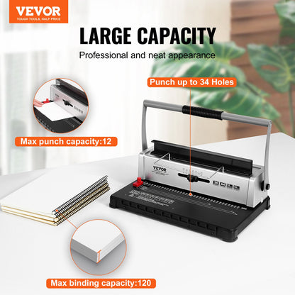 VEVOR Coil Spiral Binding Machine, Manual Book Maker 34-Holes Binding 120 Sheets,